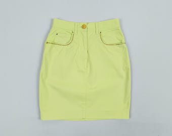 LAUREL by ESCADA 90s vintage neon yellow studded denim skirt