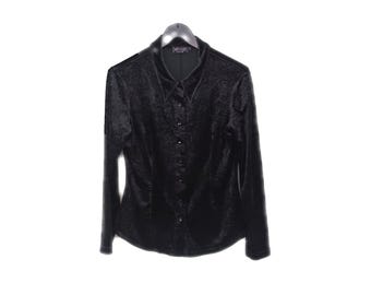 ANTI-FLIRT vintage 90s black printed stretch velvet shirt blouse