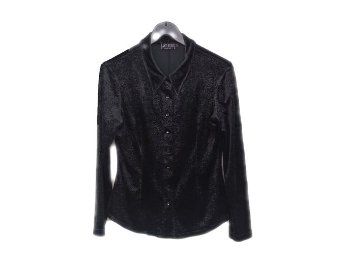 ANTI-FLIRT vintage 90s black printed stretch velvet shirt blouse