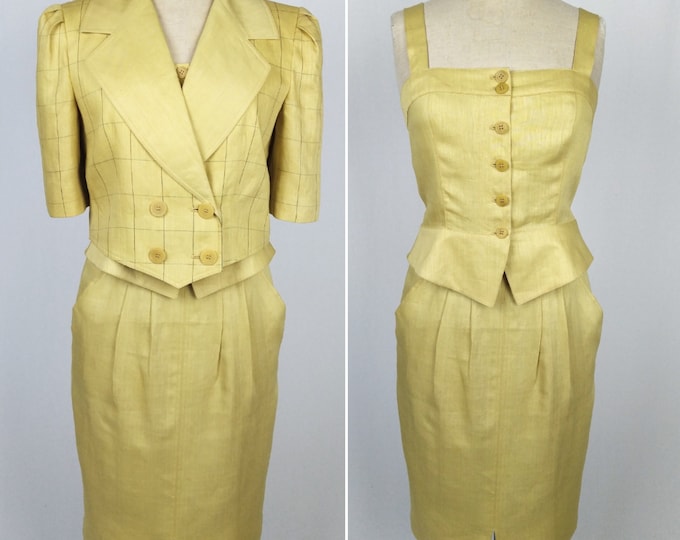 LOUIS FERAUD 80s vintage mustard linen 3 piece skirt suit