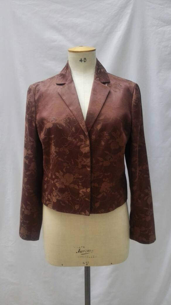 KENZO PARIS vintage 90s brown silk and cotton floral damask cropped jacket