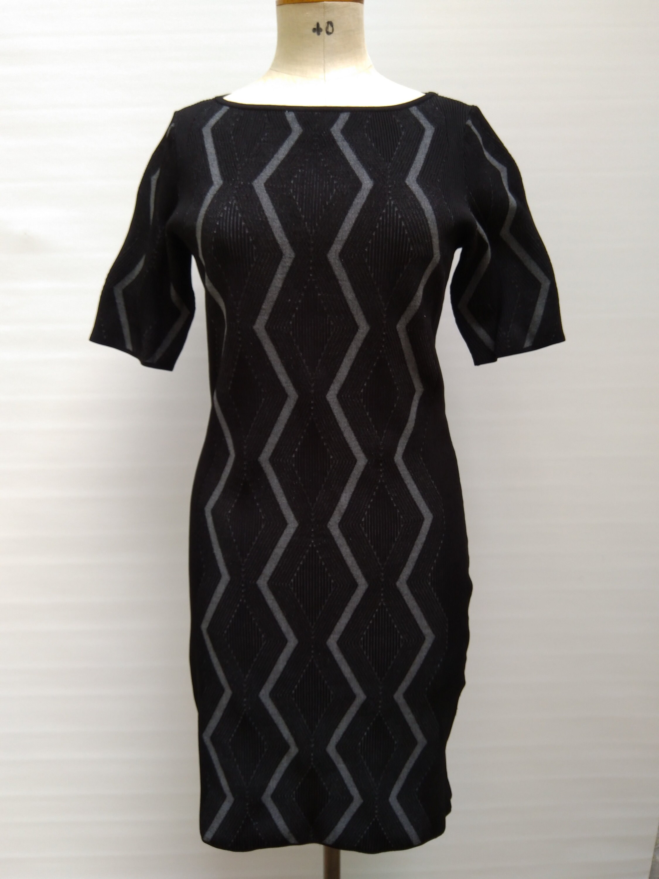 KAREN MILLEN pre-owned black and grey geometric pattern rib knit dress