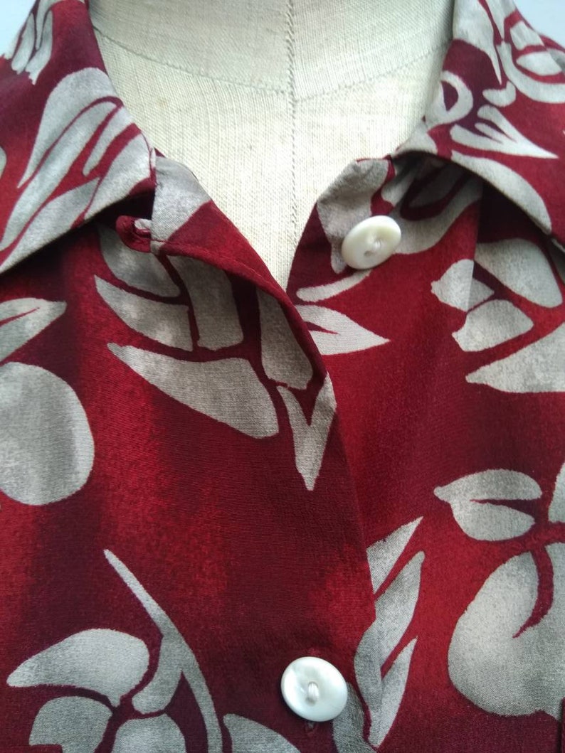 ETIENNE AIGNER vintage 80s burgundy and grey fruit print oversized silk blouse