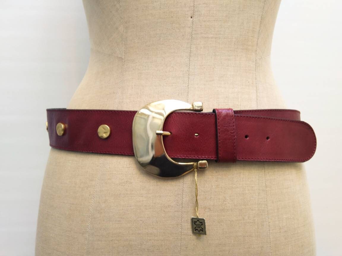 LAUREL by ESCADA vintage 90s raspberry leather belt with gold lettering NOS