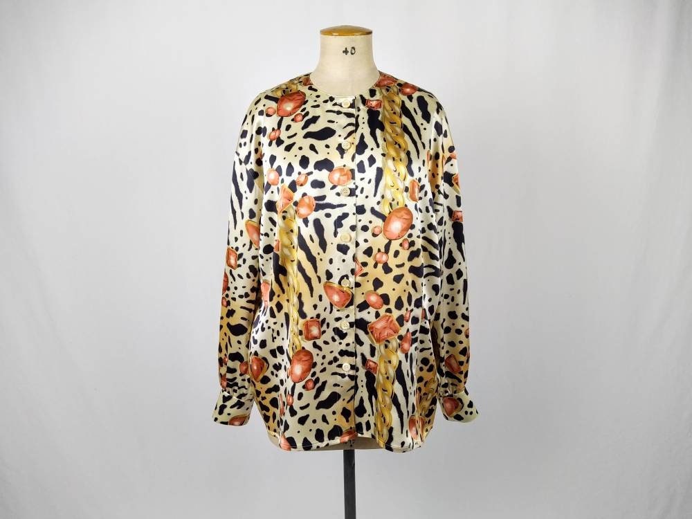 ESCADA MARGARETHA LEY vintage 80s animal/gem/chain print silk satin blouse