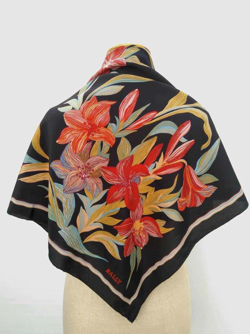 BALLY vintage black multicolor floral lilies silk carre scarf