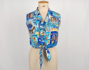 KENZO JUNGLE vintage 80s novelty print tie front blouse
