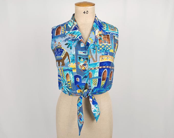 KENZO JUNGLE vintage 80s novelty print tie front blouse