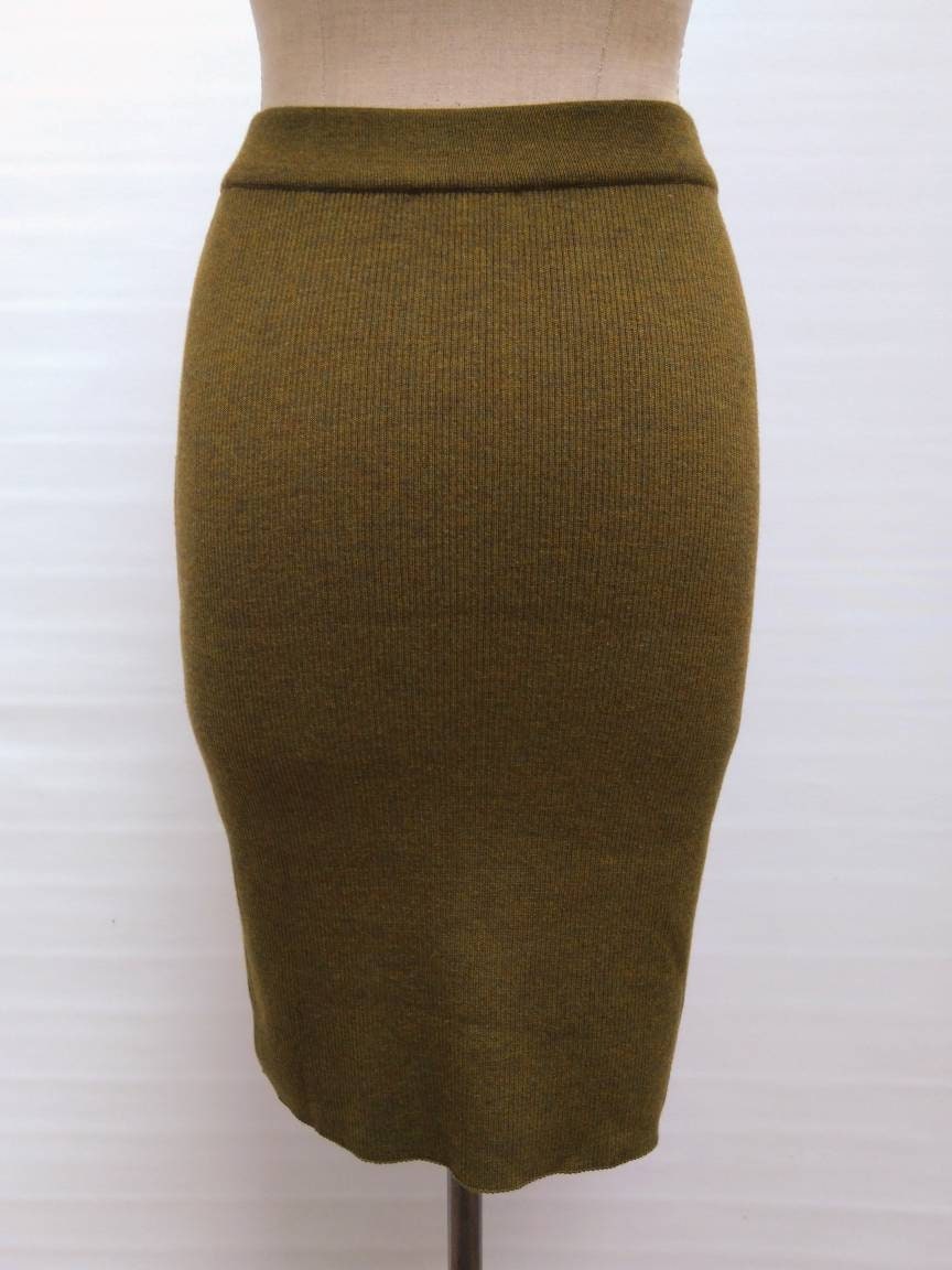 YVES SAINT LAURENT vintage 80s olive green rib knit wool skirt