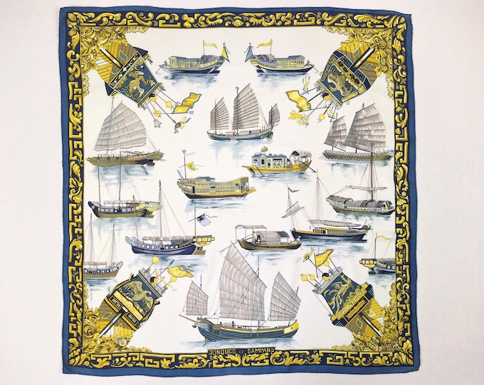 HERMES vintage Jonques et Sampans silk twill square scarf carre by F. De La Perriere 90 cm