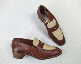 FRATELLI ROSSETTI vintage 80s cognac leather and canvas heeled loafer shoes