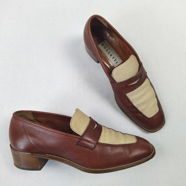 FRATELLI ROSSETTI vintage 80s cognac leather and canvas heeled loafer shoes