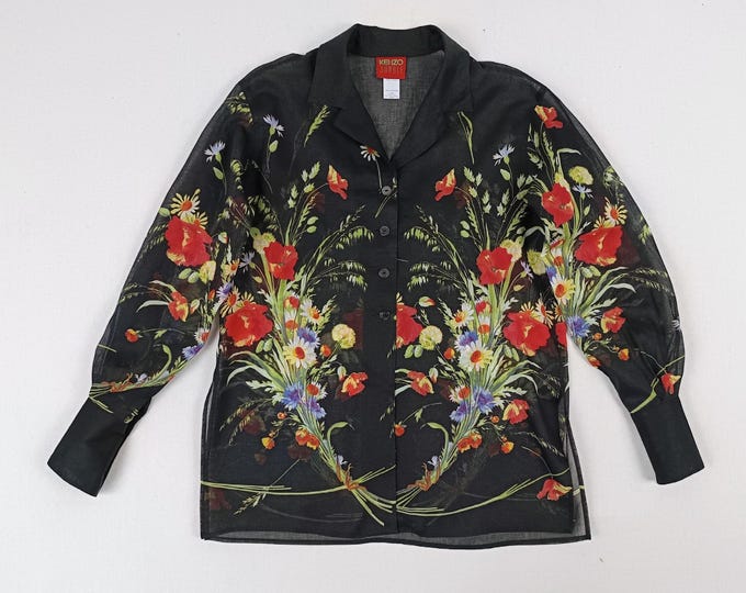 KENZO JUNGLE 90s vintage floral print black cotton blouse tunic