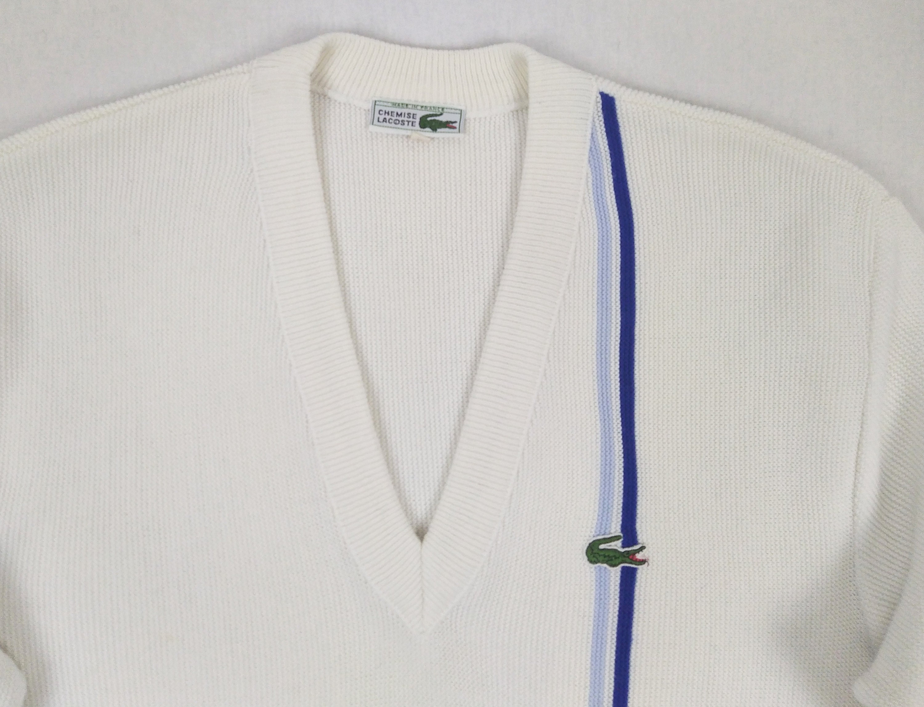 CHEMISE LACOSTE vintage 70s men s white v neck sweater jumper