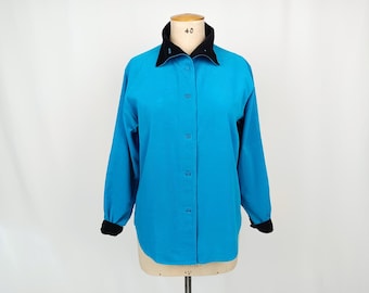 KENZO 80s vintage bright two tone cyan black micro corduroy blouse