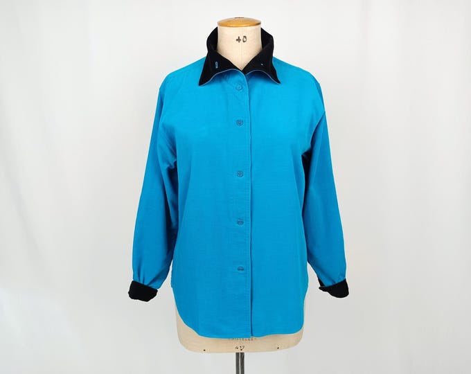 KENZO 80s vintage bright two tone cyan black micro corduroy blouse