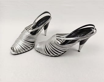 CHARLES JOURDAN vintage silver leather high heeled strappy sandals