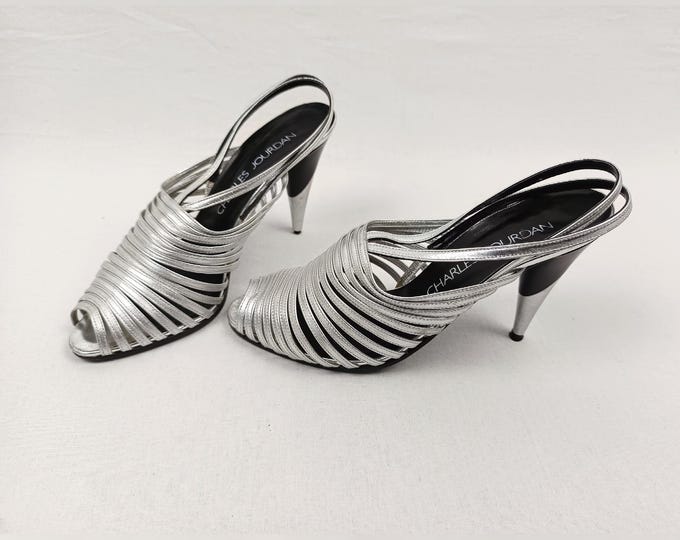 CHARLES JOURDAN vintage silver leather high heeled strappy sandals