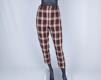 KENZO vintage 80s brown maroon plaid high waist linen pants
