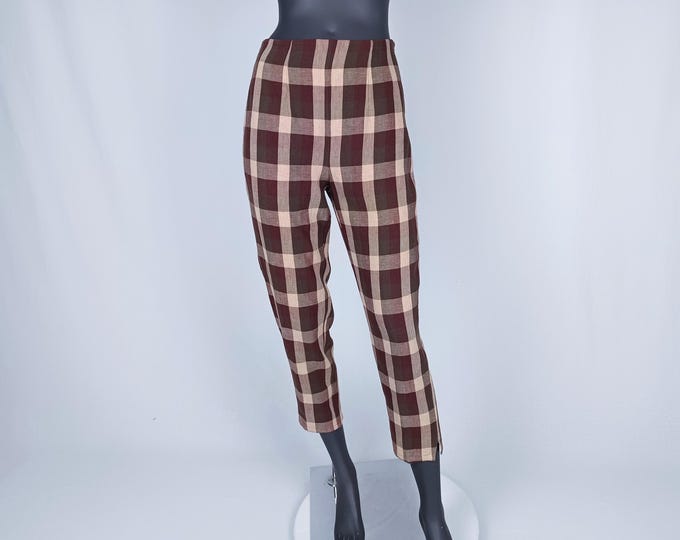 KENZO vintage 80s brown maroon plaid high waist linen pants
