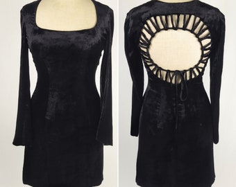 SOPHIE SITBON vintage 80s black velvet cut-out cage back cocktail dress