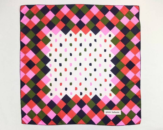 PIERRE BALMAIN vintage 70s harlequin pattern silk square scarf