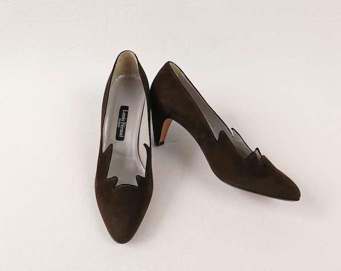 LOUIS FERAUD vintage 80s brown suede zig zag pumps