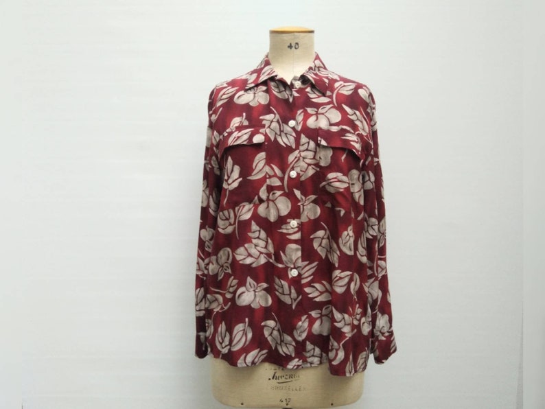 ETIENNE AIGNER vintage 80s burgundy and grey fruit print oversized silk blouse
