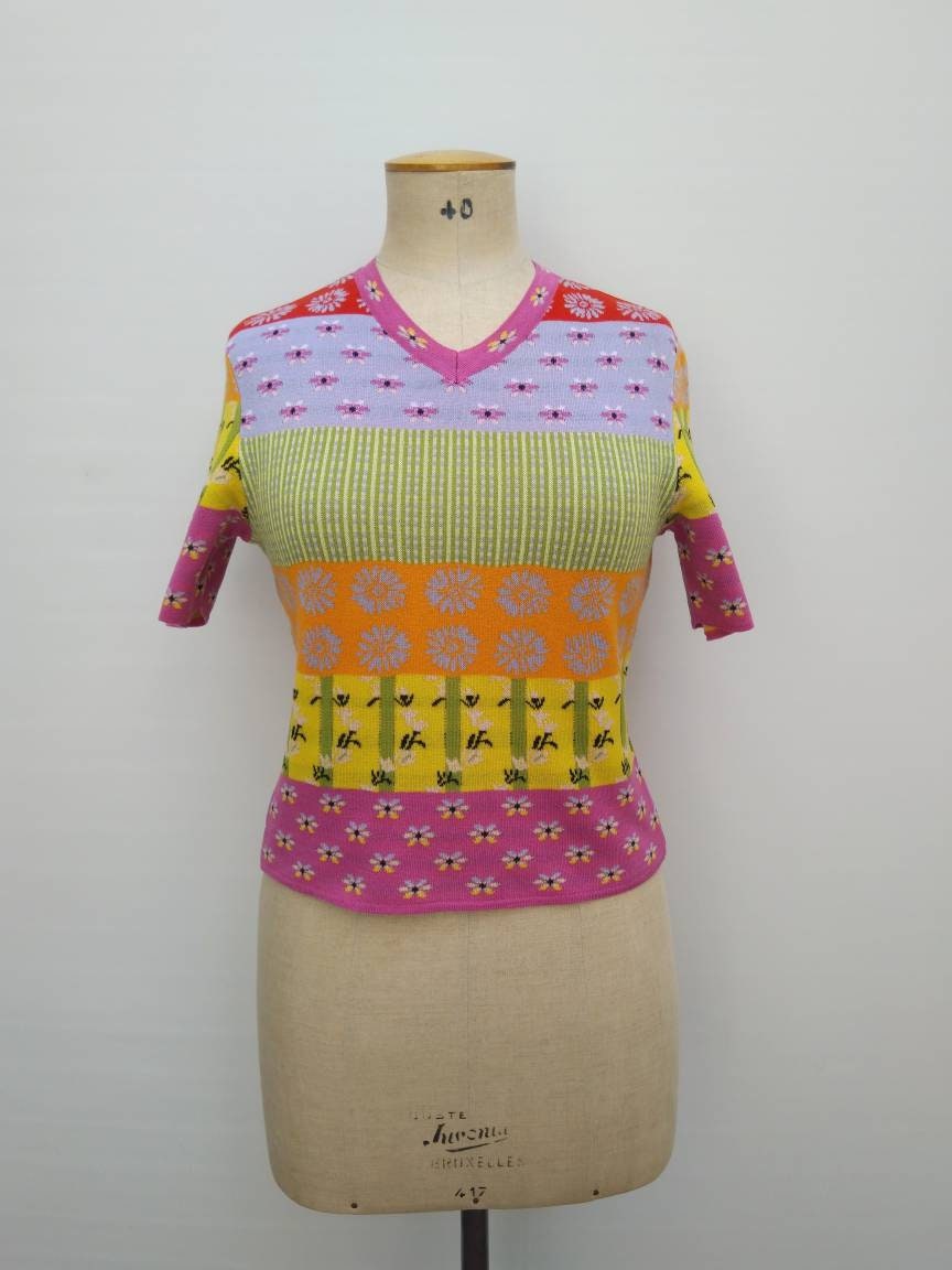 KENZO PARIS vintage 90s multi floral v-neck cotton knit top