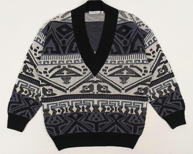 YVES SAINT LAURENT vintage 80s men's geometric pattern knit V-neck sweater