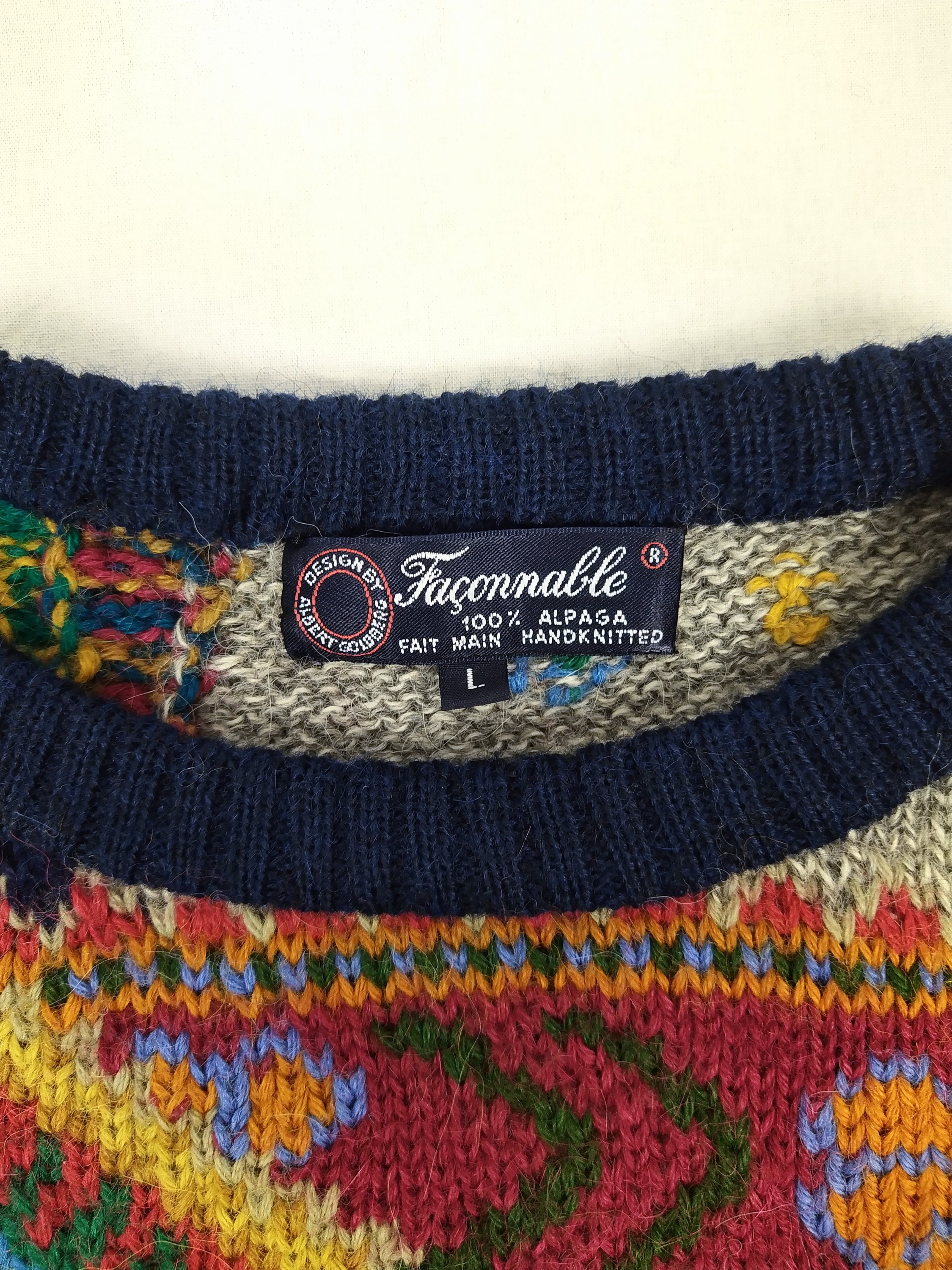 FACONNABLE vintage men's multi-pattern alpaca hand knit sweater