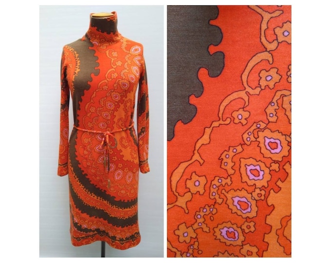 LEONARD vintage early 70s orange psychedelic print knit dress