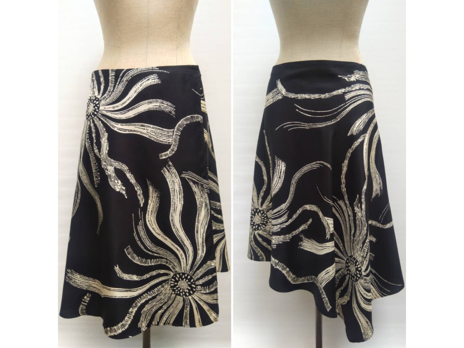 MAX MARA vintage 90s black and ivory silk asymmetrical wrap skirt