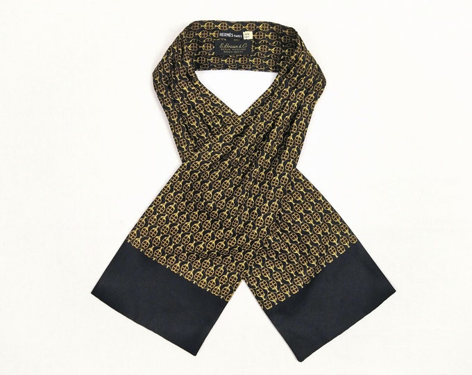 HERMES 60s vintage black gold print silk twill ascot tie