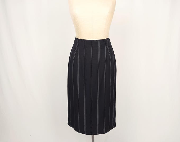 LAUREL BY ESCADA vintage 80s black pinstripe high waist midi skirt