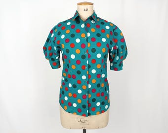 KENZO JUNGLE 80s vintage teal polka dot cotton puff sleeve blouse