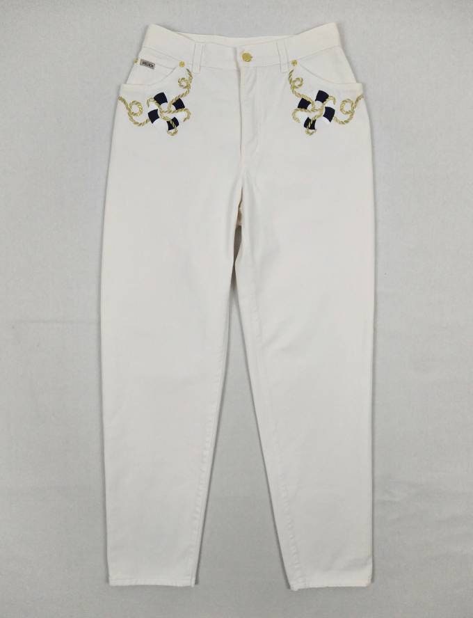 ESCADA MARGARETHA LEY vintage 80s high waist tapered white jeans nautical  embroidered