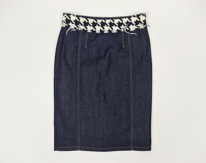 D&G pre-owned denim pencil skirt with houndstooth tweed waistband