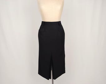 LAUREL by ESCADA vintage 9s black chevron wool high waist midi skirt