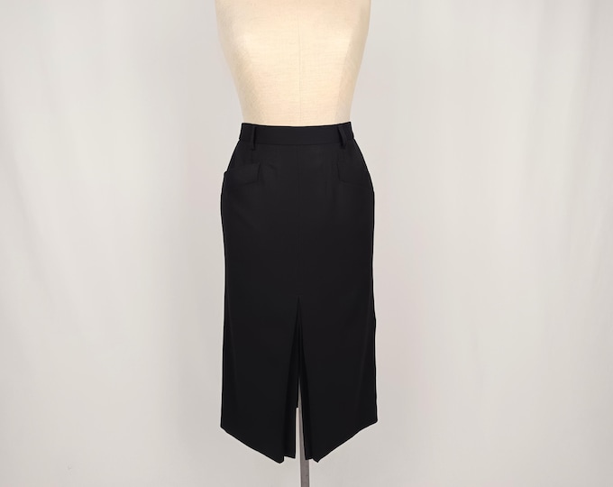 LAUREL by ESCADA vintage 9s black chevron wool high waist midi skirt