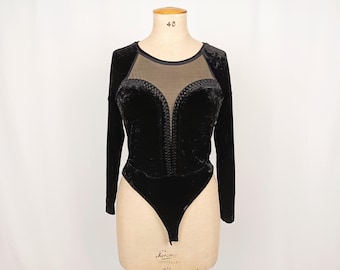 ETINCELLE COUTURE vintage 90s black velvet and mesh illusion bodysuit