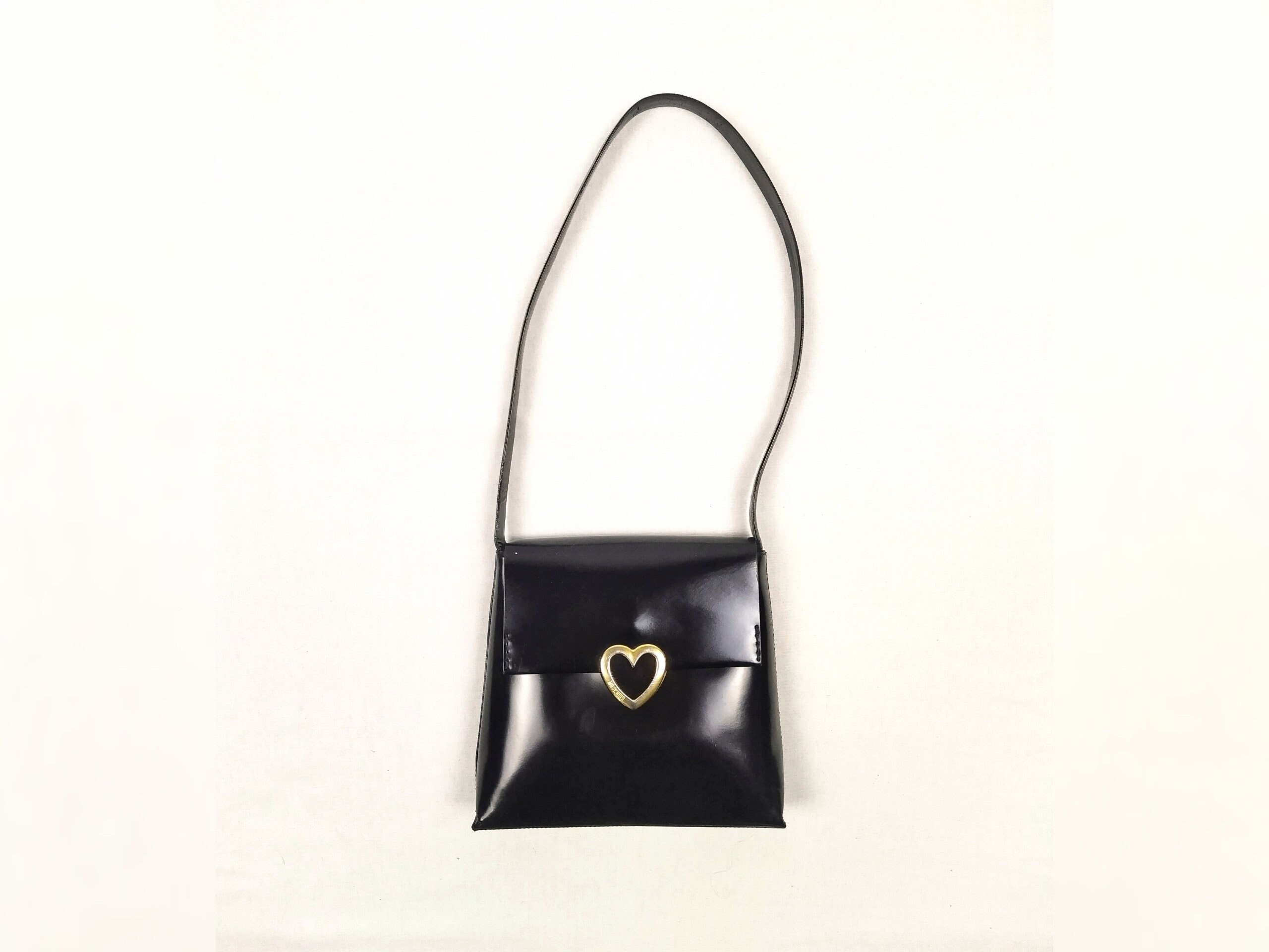 MOSCHINO Vintage 80s Black Patent Leather Heart Clasp Shoulder Bag Etsy UK