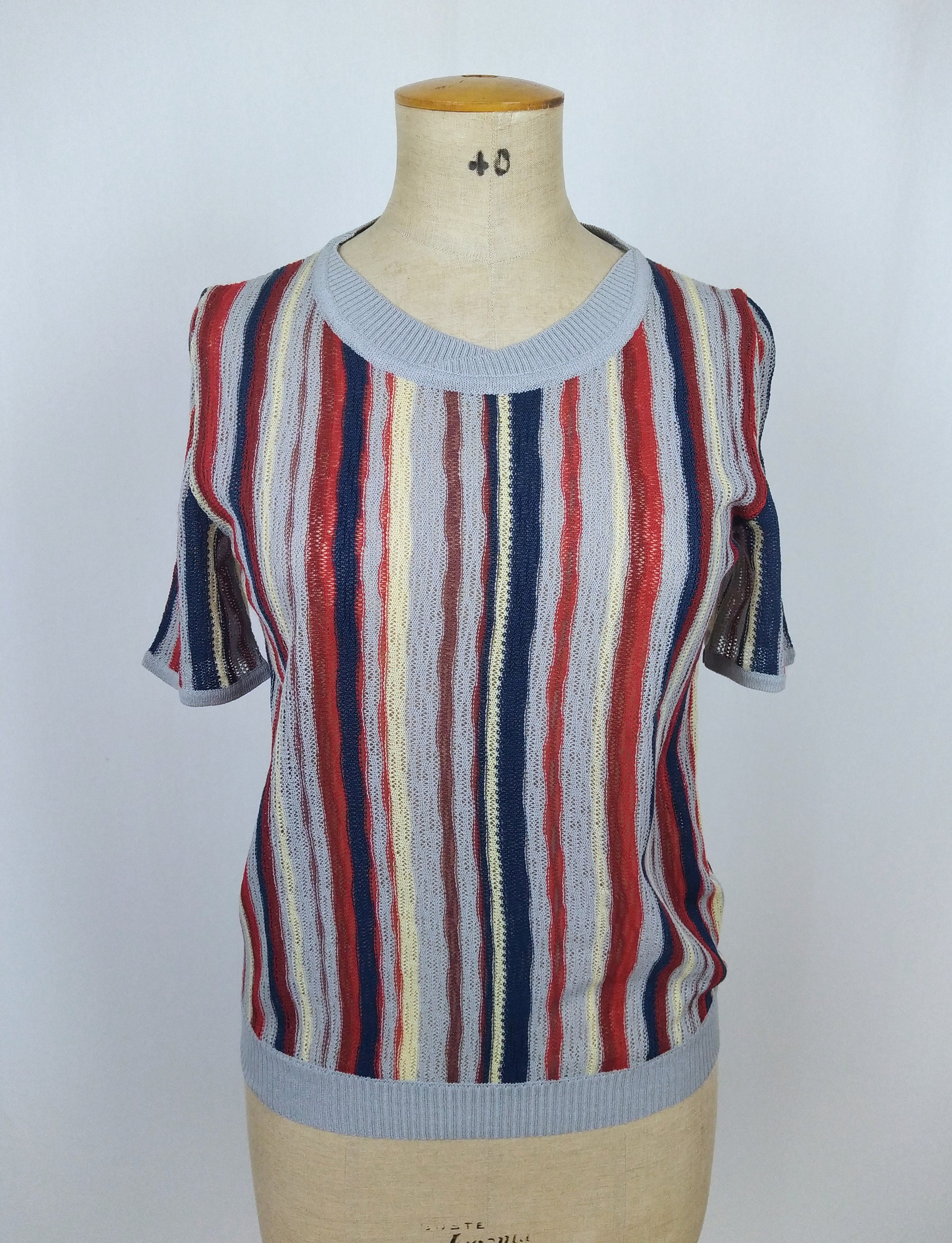 CHRISTIAN DIOR vintage 80s multicolor striped open knit top