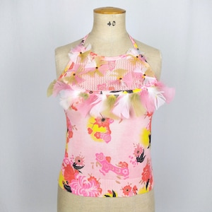 CHRISTIAN LACROIX BAZAR 90s vintage feather embellished floral print knit halter top