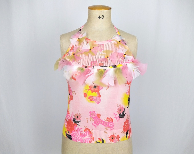 CHRISTIAN LACROIX BAZAR 90s vintage feather embellished floral print knit halter top