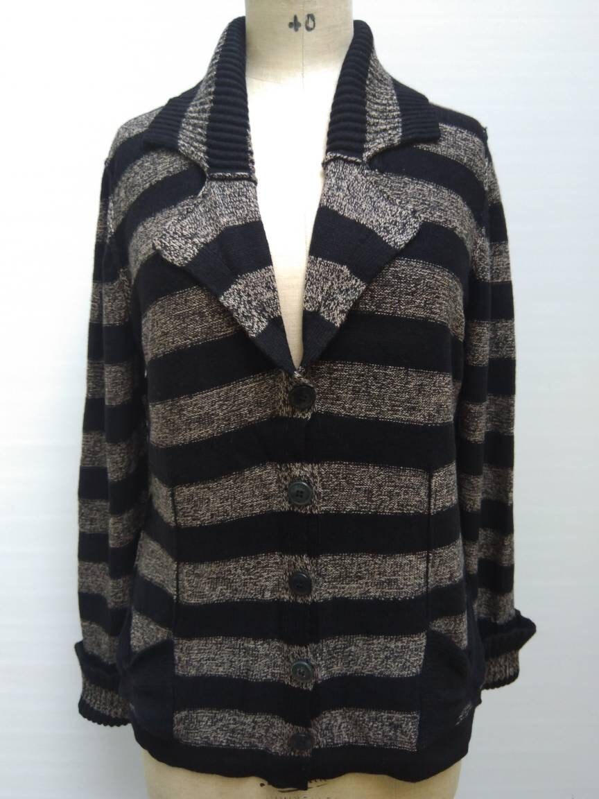 SONIA RYKIEL vintage 90s black and grey striped wool knit cardigan sweater