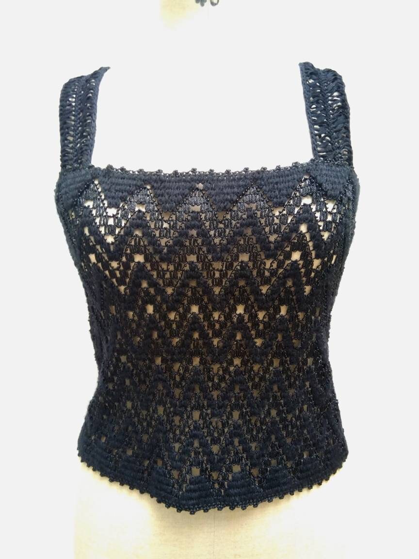 YVES SAINT LAURENT Rive Gauche vintage 80s black beaded crochet tank top