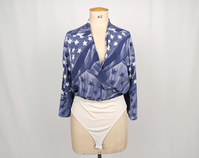 ESCADA MARGARETHA LEY vintage 90s blue star print silk bodysuit