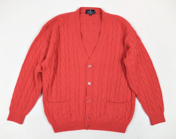 LES COPAINS vintage men's red pure cashmere cable knit cardigan sweater