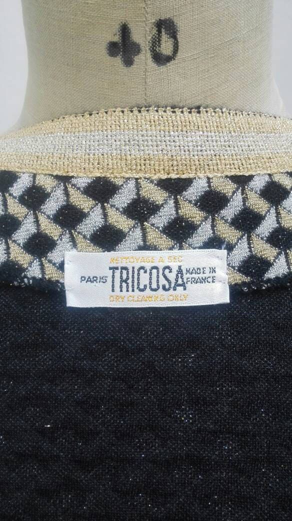 TRICOSA PARIS 60s vintage black/gold/silver metallic knit geometric ...